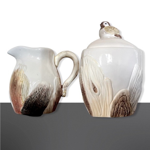 Sugar Bowl & Creamer Set with Faux Bois & Bird Nature Lover Dishes - Picture 1 of 5